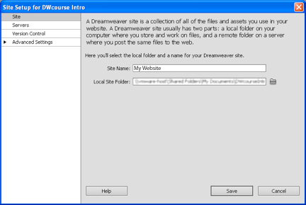 site setup dialog